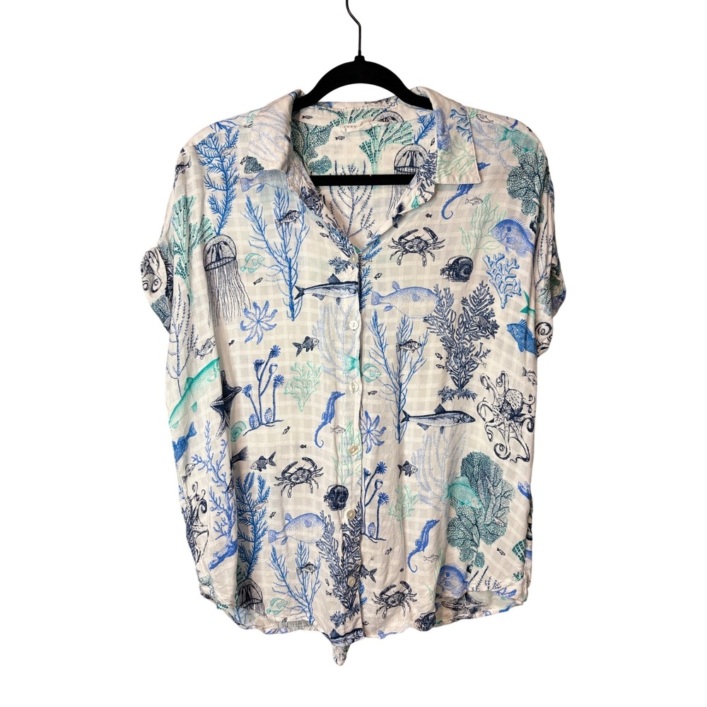 Jane + Delancey Sea Life Coastal Button Down Shirt XL White Blue Green Rayon